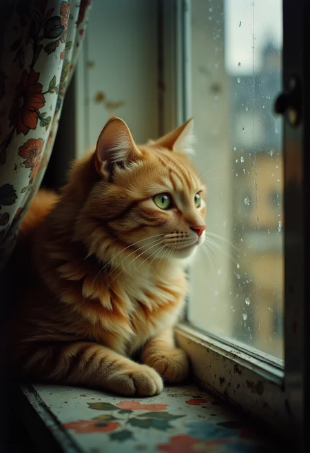 Fluffy orange tabby cat with green eyes resting on a windowsill, gazing outside. Perfect mix of soft fur and serene vibes.