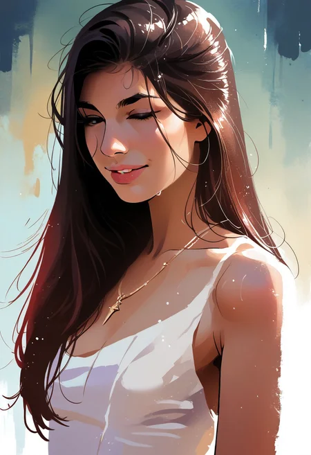 score_9, score_8_up, score_7_up, score_6_up, source_cartoon, 1girl, female, solo, femenine, petite, lean, pale skin,, soaking wet hair, smile, diaphonous white dress, bronze necklace, medium breasts, female focus, official style, close up, perfect anatomy, perfect face, standing, abstract beauty, beautiful, centered, looking at the camera, approaching perfection, dynamic, moonlight, highly detailed, watercolor painting, artstation, concept art, smooth, sharp focus, illustration, portrait
