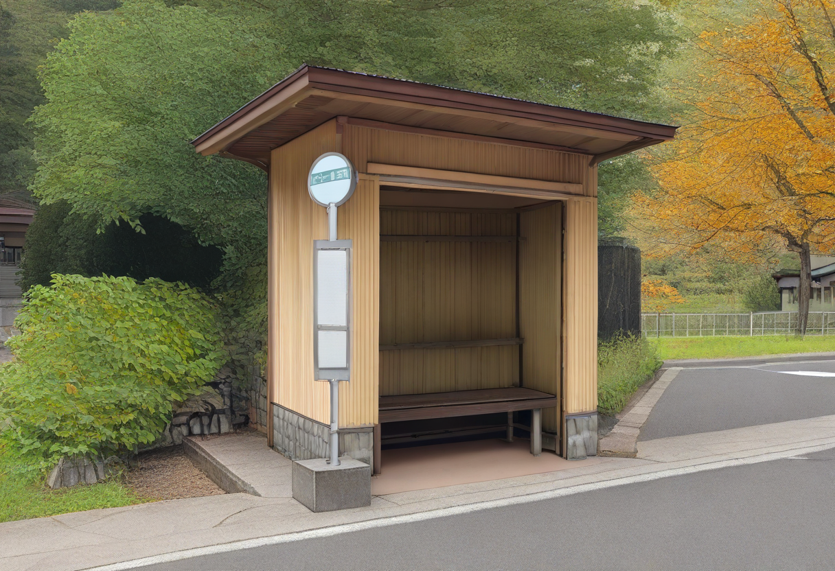 basutei, bus stop, scenery, no humans, real world location, tree, outdoors, sign, bench, road, day, fence, building, sunlight, rural, street, shade, bush, realistic, grass, plant, nature, house, japan, photorealistic, forest, 
photo background,
masterpiece, best quality, amazing quality, very aesthetic, absurdres, newest,
 <lora:sc_bustei_illustrious_V1L:1>