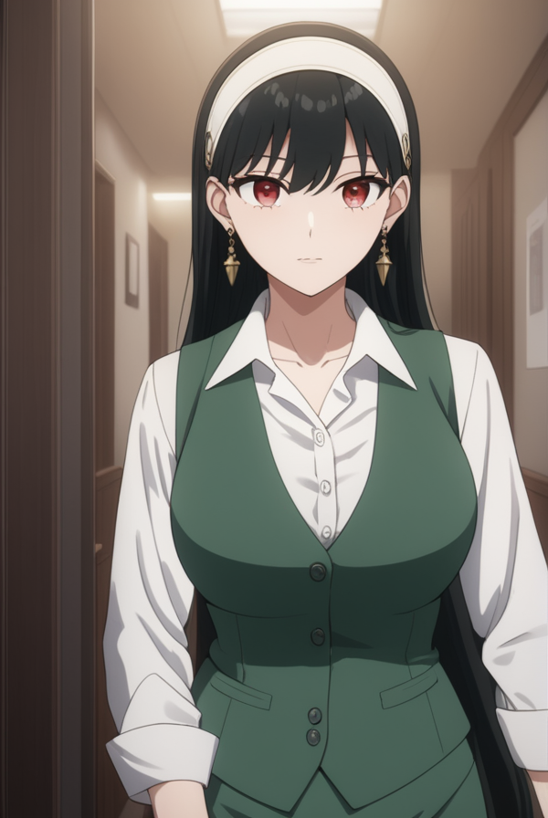 masterpiece, best quality, highres, 4k, 8k, intricate detail, cinematic lighting, amazing quality, amazing shading, soft lighting, Detailed Illustration, anime style,
yorbriar, <lora:yor-briar-s1s2-sdxl-lora-nochekaiser:0.75>,
yor briar, black hair, red eyes, earrings, white hairband, hairband, long hair, sidelocks,
skirt, shirt, long sleeves, white shirt, earrings, collared shirt, vest, green skirt, pencil skirt, office lady, green vest,
indoors, office,
looking at viewer, full body, dynamic pose,