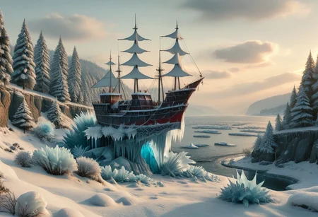 fr0stwrld, snow, ice, broken huge scarlet sailing ship on top of a cliff coniferous trees clouds summer snowy peaks green grass many small details grotesque filigree Professional HDR photo hyper detail Realistic CGI High resolution Quality Precision Sharpness Natural f/16 1/250s also 100mm 64K