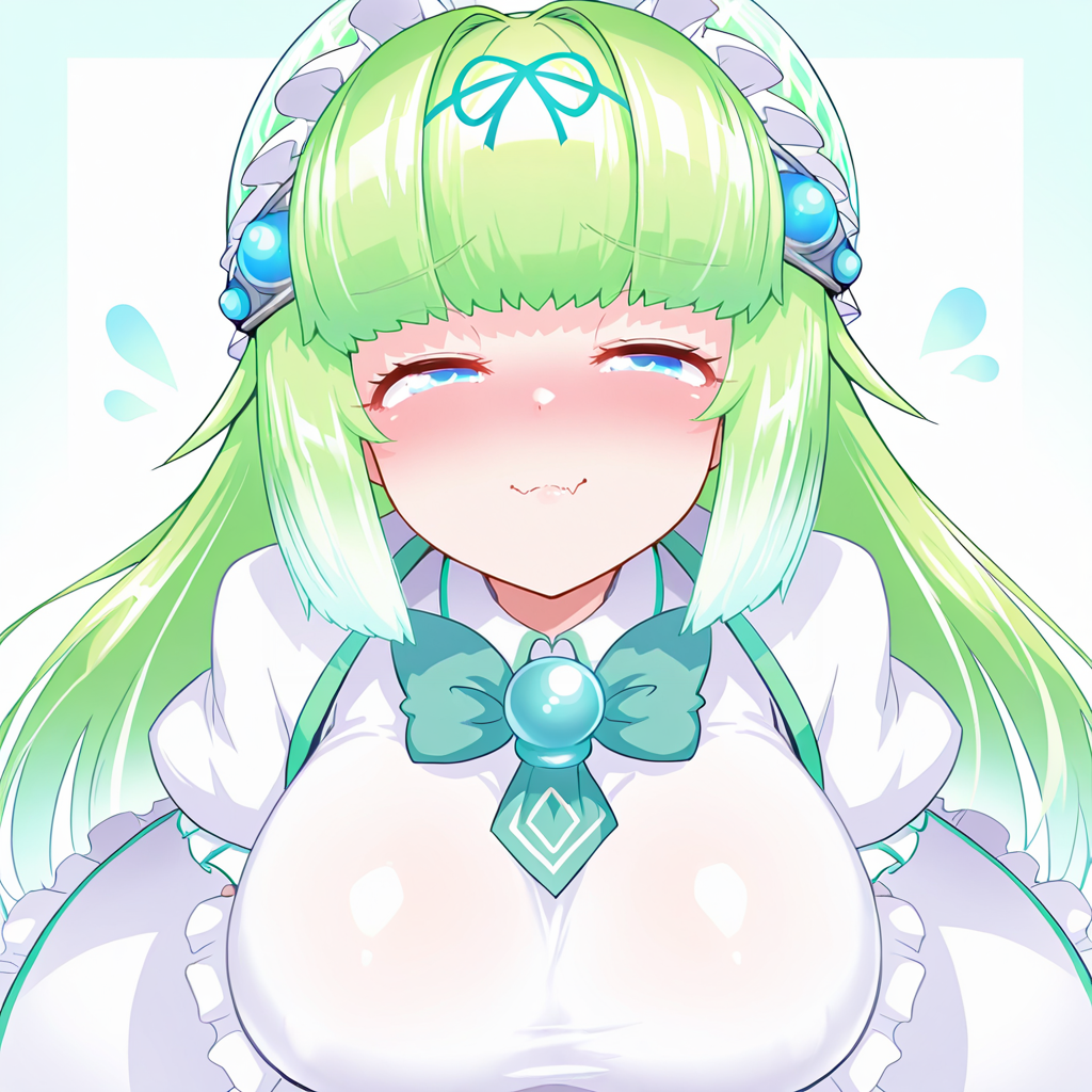 <lora:melon2:1>,large breasts,
skin fang,melon \(bombergirl\),1girl,multicolored hair,long hair,blunt bangs,green hair,long hair,blue eyes,one girl,looking at viewer,upper body,half-closed eyes,nose blush,dress,from above,