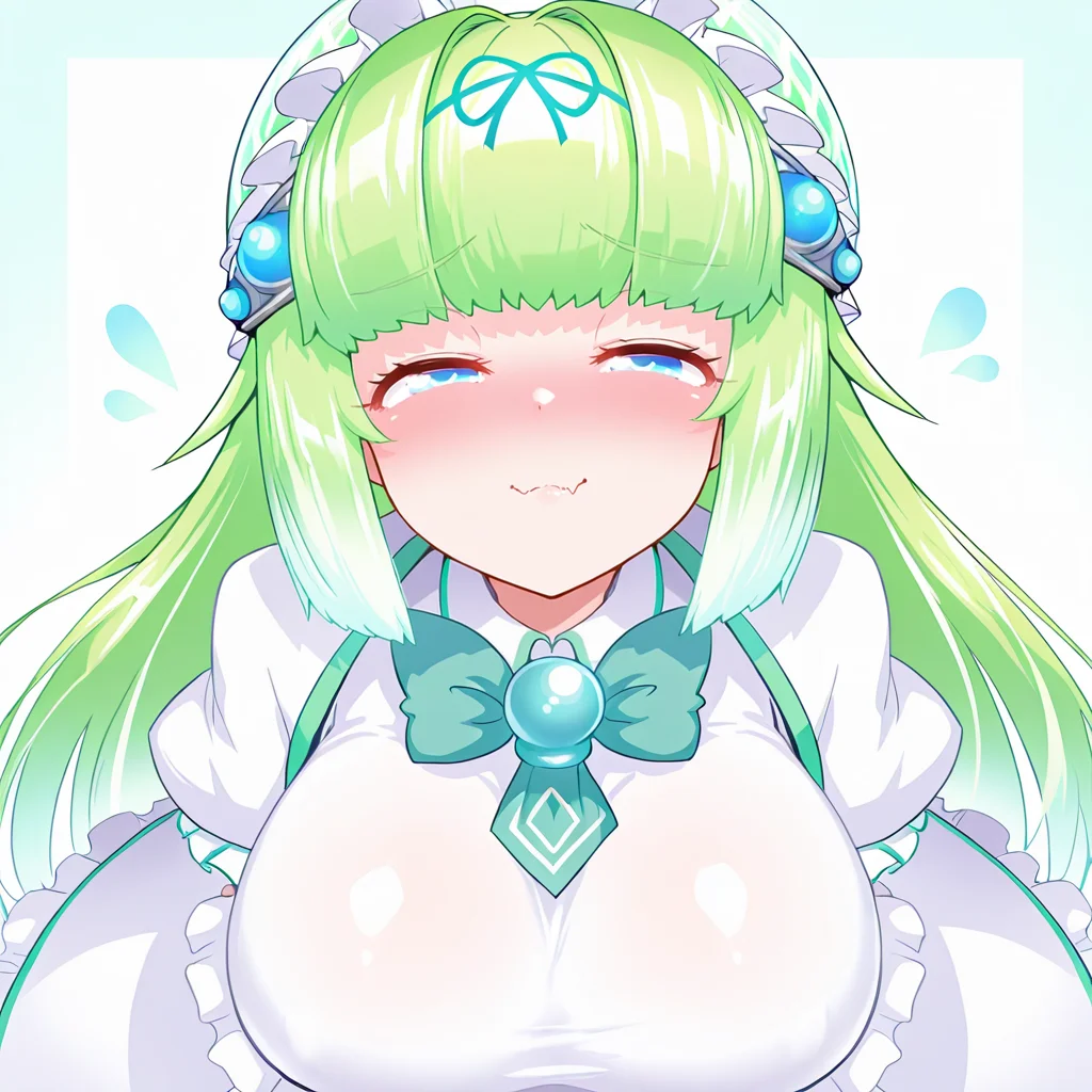 <lora:melon2:1>,large breasts,
skin fang,melon \(bombergirl\),1girl,multicolored hair,long hair,blunt bangs,green hair,long hair,blue eyes,one girl,looking at viewer,upper body,half-closed eyes,nose blush,dress,from above,