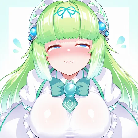 <lora:melon2:1>,large breasts,
skin fang,melon \(bombergirl\),1girl,multicolored hair,long hair,blunt bangs,green hair,long hair,blue eyes,one girl,looking at viewer,upper body,half-closed eyes,nose blush,dress,from above,