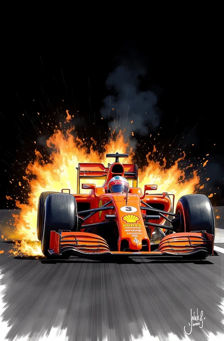 Sharp image of a rough sketch, rendered in vibrant multi colour ballpoint pen, capturing the adorable features of a digital illustration of a Formula One racing car on a track. The car is orange and black in color and is engulfed in flames and smoke. The background is black, making the car stand out even more. The flames are bright orange and yellow, and the smoke is white and billowing up into the air. The wheels of the car are black and appear to be in motion. The overall mood of the image is dramatic and dynamic.  p3nsk, <lora:p3nsk:1>