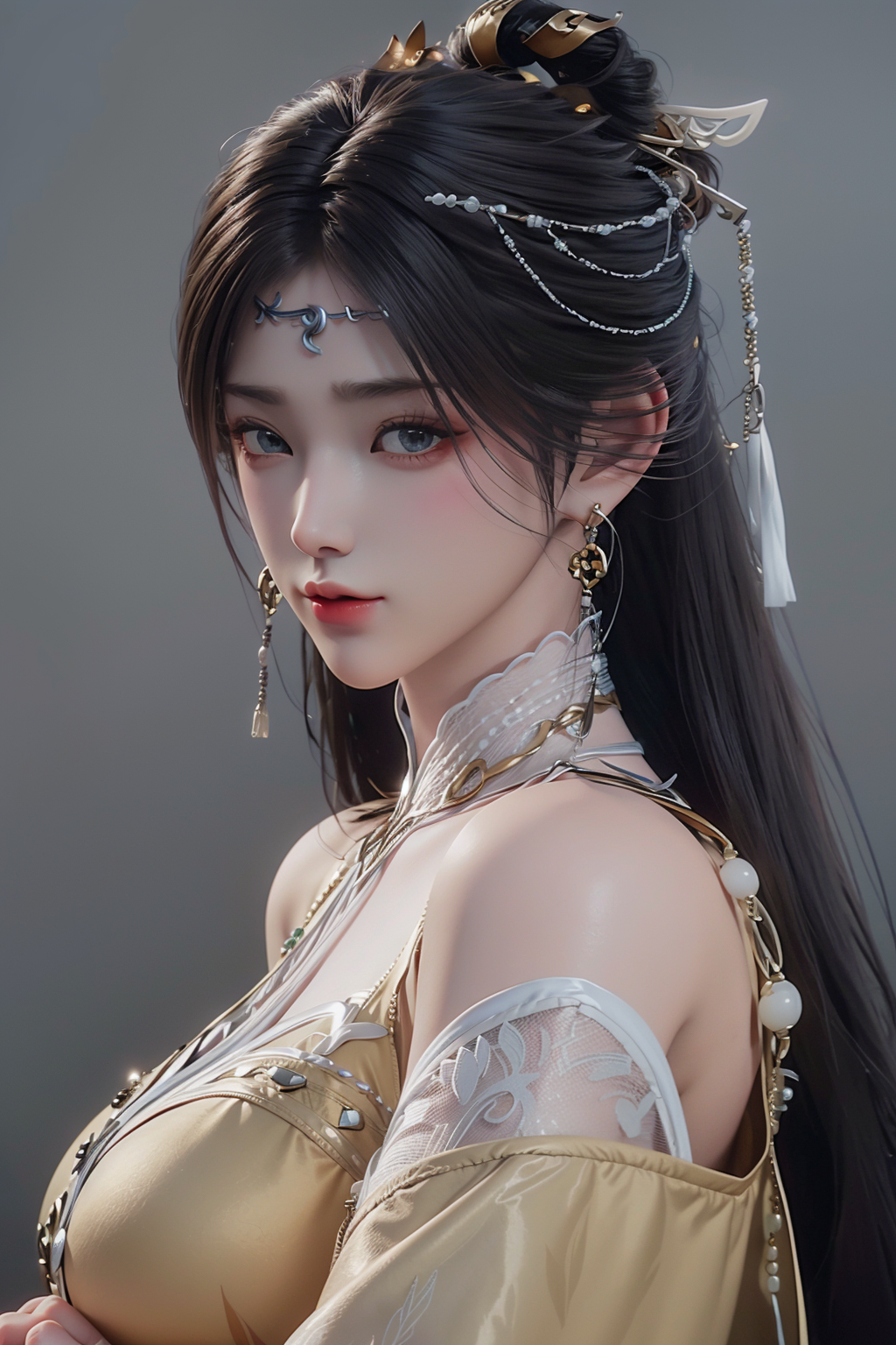 <lora:jinpinger:1>,jinpinger,1girl,hair ornament,jewelry,earrings,solo,black hair,forehead mark,facial mark,long hair,looking at viewer,dress,yellow dress,closed mouth,upper body,(simple background:1.3),bare shoulders,beads,(grey background:1.4),, best quality , masterpiece, illustration, an extremely delicate and beautiful, extremely detailed ,CG,unity,8k wallpaper, Amazing, finely detail, masterpiece, best quality,official art,extremely detailed CG unity 8k wallpaper,absurdres, incredibly absurdres, huge filesize , ultra-detailed, highres, extremely detailed,beautiful detailed girl, extremely detailed eyes and face, beautiful detailed eyes,light on face,