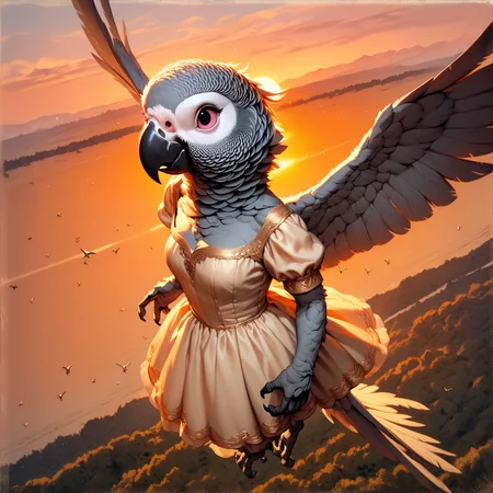 score_9, score_8_up, score_7_up, score_6_up,score_9, anthro,, wings, flying, a_grey parrot, dreamy, sunrise, dress, from above, landscape, <lora:Anthro_birds_for_pony_-_2:0.9>, cute,  detailed,