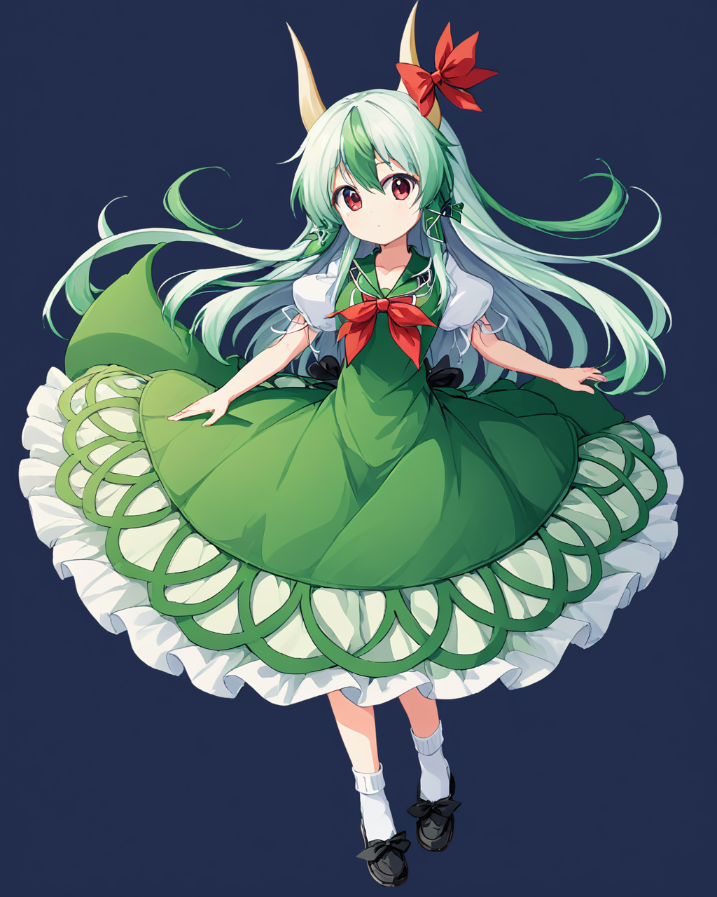 kamishirasawa keine,1girl, solo, scroll, green_dress, full_body, tail, horn_bow, horn_ribbon, puffy_short_sleeves, white_socks, shoes, transparent_background, black_footwear, neckerchief, tachi-e
<lora:kamishirasawa_keine_image2095_2023-12-14-000010:1>,star-shaped_pupils,symbol-shaped_pupils,. gorgeous,key visual, vibrant, studio anime,award-winning, professional, highly detailed,high budget, cinemascope