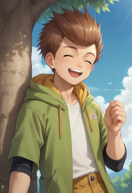 score_9, score_8_up, score_7_up, source_anime, highly detailed,
1boy, male focus, solo, brown hair, closed eyes, open mouth, hoodie, hood, short sleeves, smile, upper body, pants,
outdoor, sky, cloud, tree