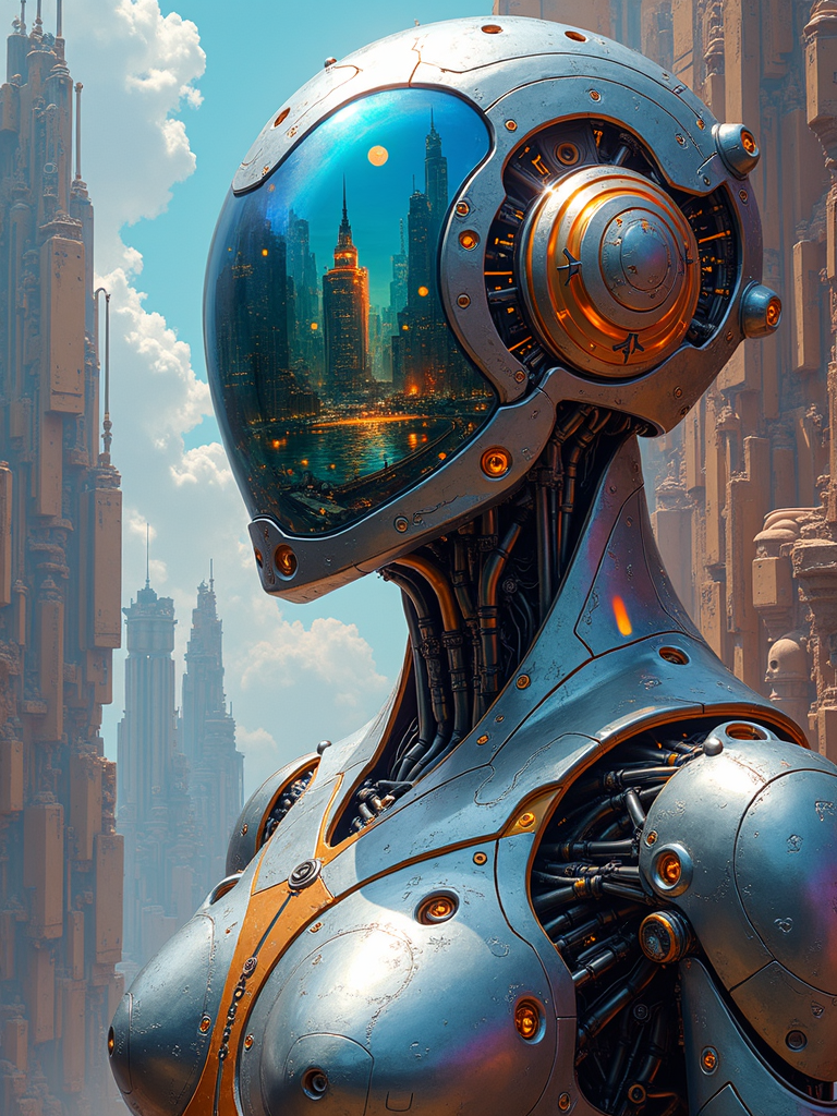 The painting is rendered in a mind-bending hyperrealistic sci-fi style. The brushstrokes are so fine that they seem to disappear, creating a seamless and almost photographic quality. The colors are a vivid explosion of iridescent hues and metallic tones, with a hint of neon glow. The texture is a complex combination of smooth surfaces and intricate patterns that seem to shift and change depending on the light.
Scene Description: In the center of the painting looms a colossal robotic being, its upper body in a powerful half-portrait view. The robot's body is a fusion of advanced alloys and energy fields, with a sleek and imposing design. Its face is a transparent, multi-faceted visor that reflects a kaleidoscope of complex and fantastical future landscapes. Some of these landscapes are pulsating cityscapes filled with towering crystalline structures and floating platforms. Others are alien worlds with strange bioluminescent flora and fauna. The robot's body is adorned with intricate runes and symbols that seem to glow with an inner power. Surrounding the robot are fragments of shattered glass-like panels that refract and distort the light, creating a mesmerizing play of colors and shapes. Each panel shows a different fragment of a surreal and otherworldly scene, from a cosmic storm to a time-traveling portal.
Composition: The robot is the dominant force in the frame, its massive presence creating a sense of awe and wonder. The fragmented panels are arranged in a dynamic pattern around the robot, leading the eye in a circular motion and adding to the sense of mystery. The composition is asymmetrical and full of tension, with no clear center but a constant flow of energy.
Color Palette: The colors are a vivid mix of electric blues, purples, and greens, with accents of gold and silver. The robot's body is a combination of metallic tones and iridescent hues, while the panels reflect a rainbow of colors. The overall effect is a visual feast that challenges the imagination.
Light and Shadow: A soft, otherworldly light emanates from the robot and the panels, casting a gentle glow and creating long, dramatic shadows. The light seems to bend and refract around the surfaces, adding to the surreal atmosphere. The shadows are deep and mysterious, hinting at hidden depths and unknown powers.
Detail: Every inch of the painting is a masterpiece of detail. The robot's body is covered in minute patterns and textures, from the microscopic circuitry on its surface to the complex mechanisms within. The visor reflects a world of infinite detail, with every building, creature, and phenomenon clearly defined. The fragmented panels are filled with intricate scenes that seem to tell a story of their own, inviting the viewer to explore and discover.