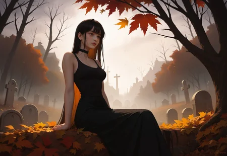 safe_pos, 1girl, very long hair, dark hair, bangs, pale skin,
black tank top, black skirt, choker, medium breasts,
outside, overgrowth, graveyard, rim light, fall, leaves, dead trees,
cinematic shot, portrait, medium shot, sitting,
score_9, Score_8_up,