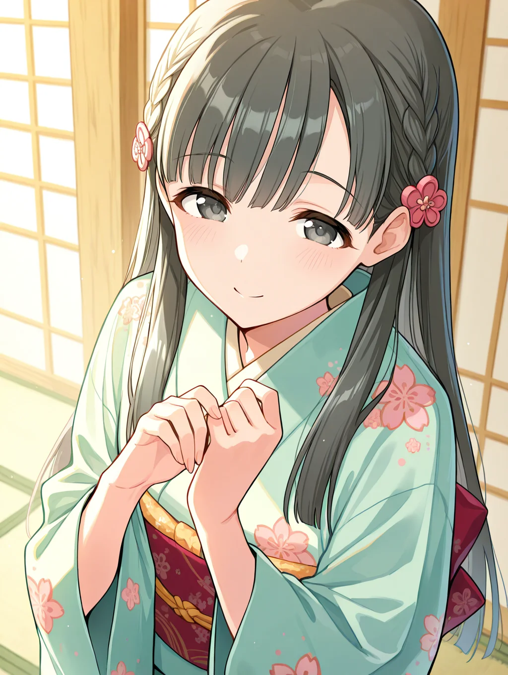 masterpiece,best quality,very aesthetic,absurdres,highres,newest,
1girl,solo,
kbykwse kimono,kobayakawa sae,black eyes,black hair,braid,eyebrows visible through hair,
japanese clothes,kimono,long hair,long sleeves,print kimono,shiny,shiny hair,wide sleeves,
flower,hair flower,hair ornament,highres,
bangs,blunt bangs,bow,
<lora:idolmaster_kobayakawa_sae_ill_v1.0:1>,
