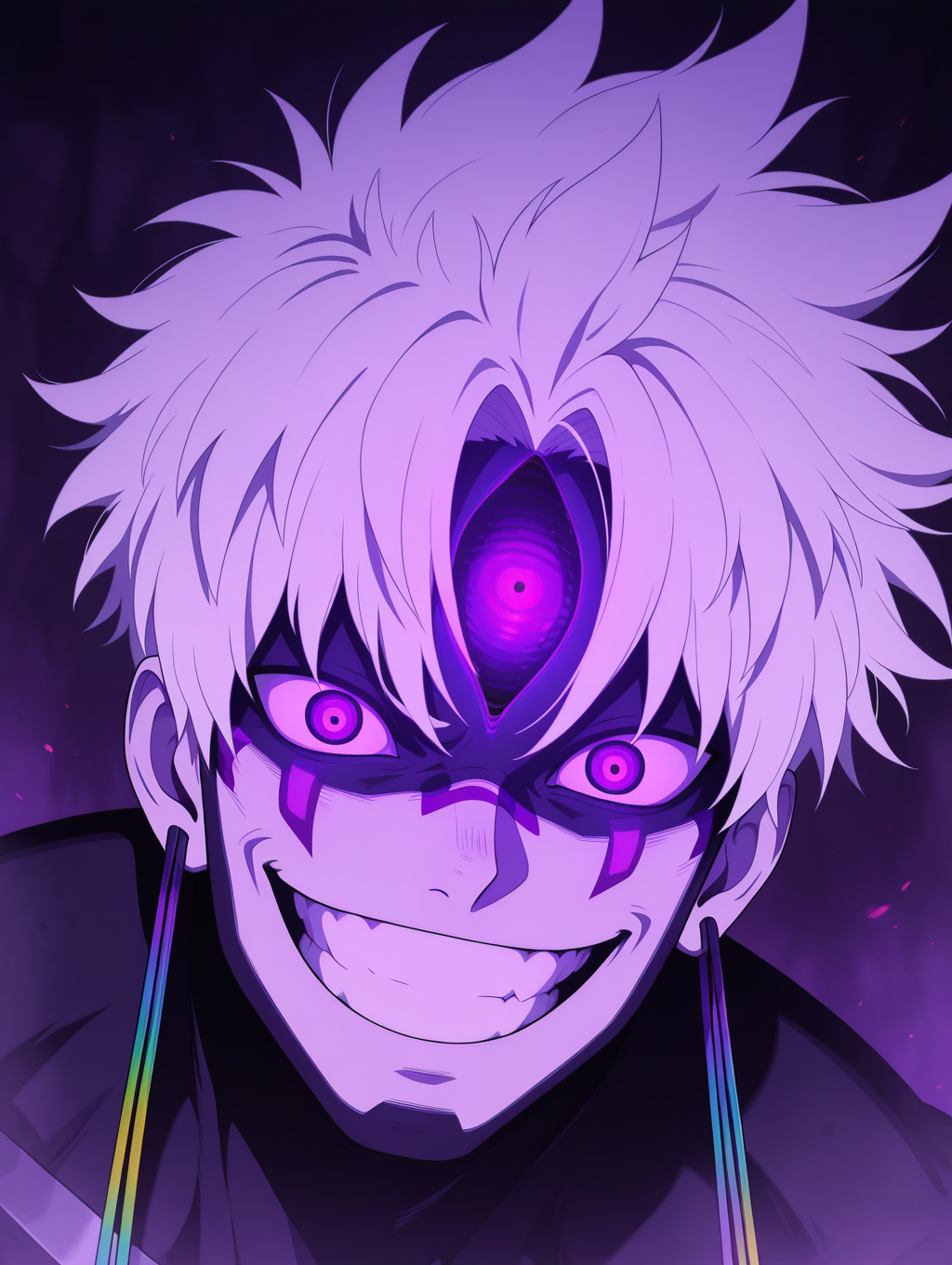 masterpiece, best quality, amazing quality, Evil eye, evil smile, grin, 1boy, white hair, facial mark, teeth