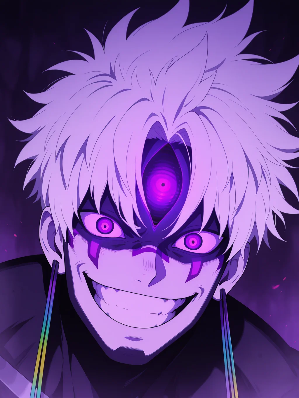 masterpiece, best quality, amazing quality, Evil eye, evil smile, grin, 1boy, white hair, facial mark, teeth