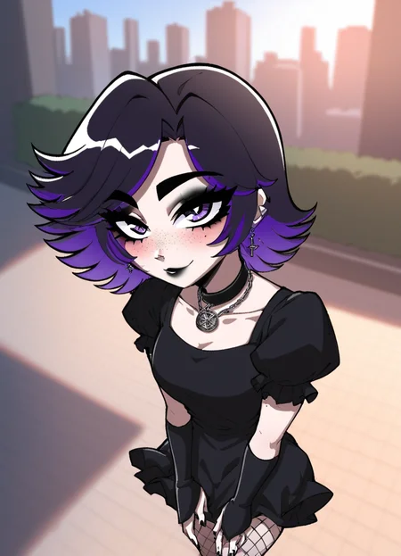 (masterpiece), (best quality), (ultra-detailed), 	score_9,score_8_up,score_7_up,score_6_up, source_cartoon, afs_ksusha, 1girl, , black eyeshadow, black eyebrows, black lipstick, black freckles around nose, cross earrings, purple eyes, short spiky hair, bangs, dark purple hair, purple gradient hair color, multicolored hair, short sleeves, puffy sleeves, choker with pentagram necklace, black dress, black nails, , fishnets, tatoo on legs, full body shot, looking at viewer, seductive smile, blush, upper body shot, from above view, city hall scenery, illustration, disheveled hair, detailed eyes, perfect composition, moist skin, intricate details, earrings, by wlop, 	score_9,score_8_up,score_7_up,score_6_up, source_cartoon, afs_ksusha, 1girl,, black eyeshadow, black eyebrows, black lipstick, black freckles around nose, cross earrings, purple eyes, short spiky hair, bangs, dark purple hair, purple gradient hair color, multicolored hair, short sleeves, puffy sleeves, choker with pentagram necklace, black dress, black nails,, fishnets, tatoo on legs, full body shot, looking at viewer, seductive smile, blush, upper body shot, from above view, city hall scenery, cinematic, professional, highly detailed dramatic, ambient