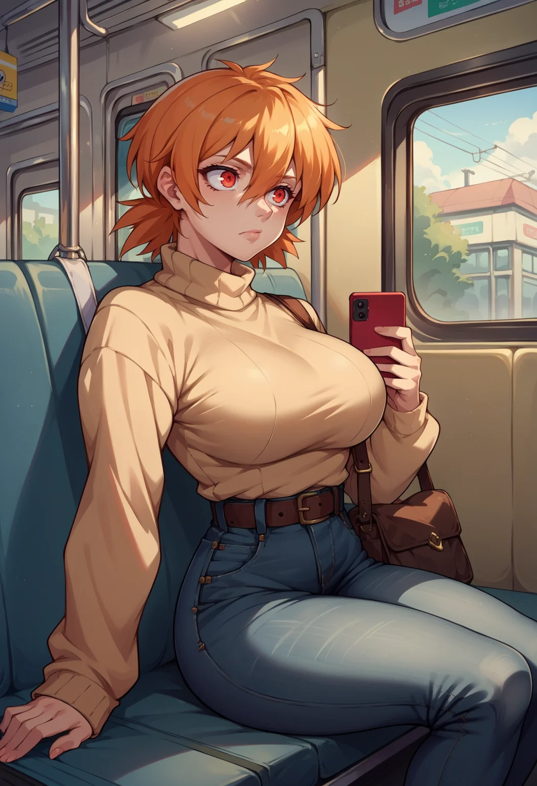 score_9, score_8_up,score_7_up, source_anime, 1girl, solo, <lora:EPhsSeras:1>,
orange hair, short hair, red eyes, hair between eyes,
SerVic, large breasts, sweater,tight clothing,sitting,subway,looking at phone,high-waist jeans,bag,belt,