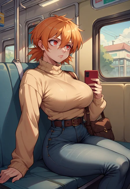 score_9, score_8_up,score_7_up, source_anime, 1girl, solo, <lora:EPhsSeras:1>,
orange hair, short hair, red eyes, hair between eyes,
SerVic, large breasts, sweater,tight clothing,sitting,subway,looking at phone,high-waist jeans,bag,belt,