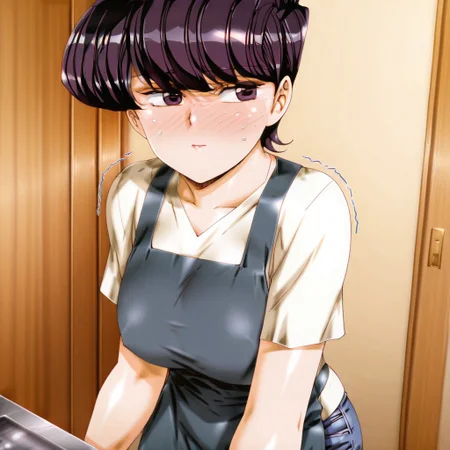 uru5h1h4r4:1.2, Rating: safe, an anime styled image (in the style of urushihara satoshi),1girl, shuuko Komi, Short hair, swept bangs, black hair, purple hair, purple eyes, black eyes, mature female blue apron, shirt, short sleeves, jeans, denim, from above, full-face blush, trembling, shiny, looking to the side, blushing, embarrassed, lips, eyelashes, eyebrows, tall, curvy, huge breasts, milf, masterpiece, best quality, good quality, newest,