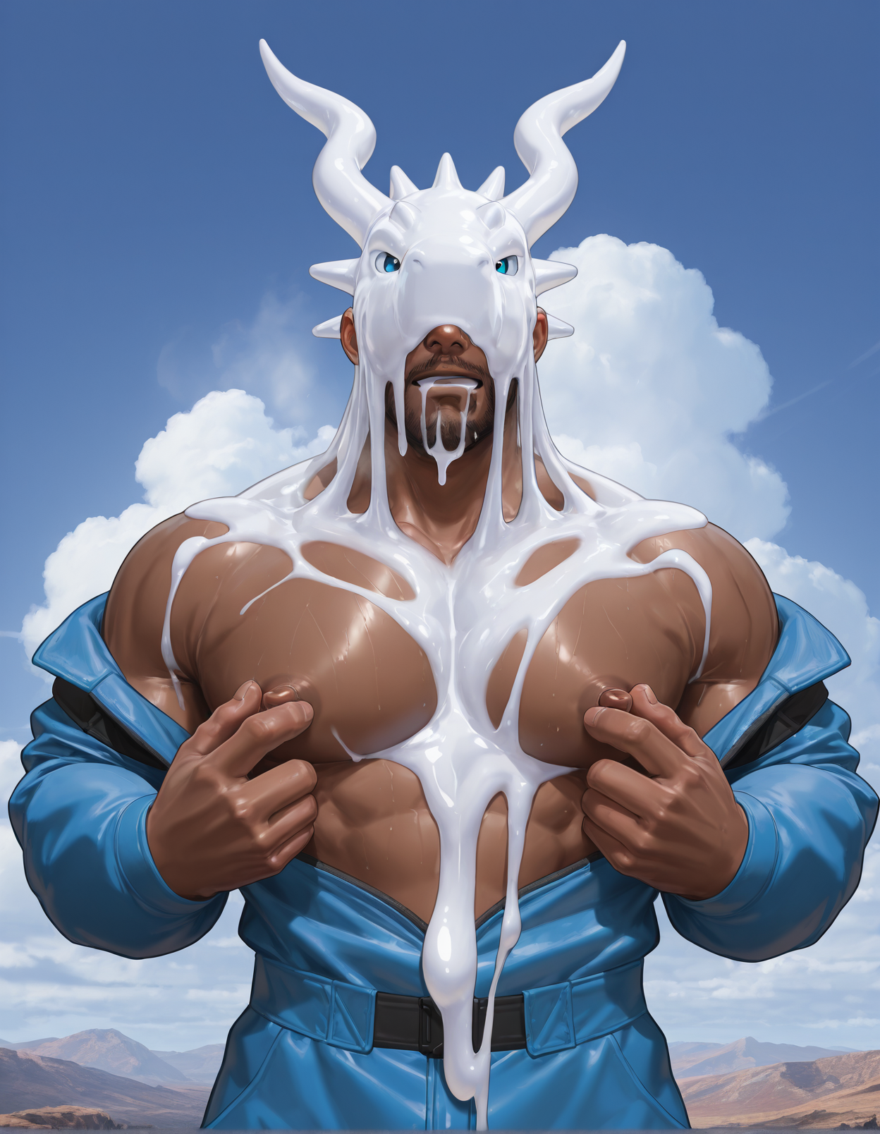male focus,(human,facial hair,mature male,dark-skinned male),solo,muscular,upper body,steaming body,looking at viewer,standing,(face covered by goo dragon,white goo dragon),day,cloud,Cinematic Lighting,masterpiece,high quality,jumpsuit,nipple tweak,drooling,outdoors,<lora:0takas-13:1>,