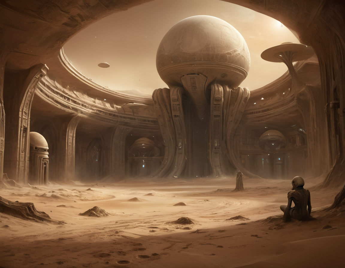 On a distant planet, extraterrestrial beings had crafted grand edifices from the very sand beneath their feet, only to leave them behind, leaving Earth-bound archaeologists to wonder at the enigmatic corridors and chambers that now lay exposed to the elements, b3ks1n