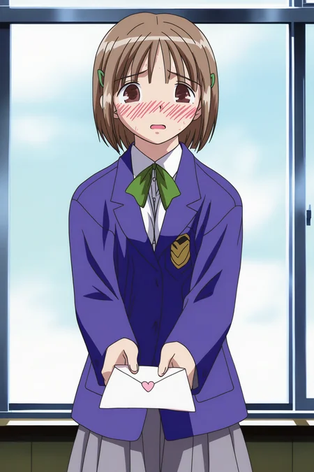 masterpiece, best quality,  absurdres, highres, cinematic light, 1girl,  <lora:chise:1> chise_wz, short hair, brown hair, hair ornament, brown eyes, medium breasts, neck ribbon, green ribbon, blue blazer, collared shirt, grey skirt, pleated skirt, school uniform, 2000s \(style\), classroom, day, window, nervous, nervous sweating, nose blush, incoming, incoming_letter, love letter, letter, confession, looking at viewer,