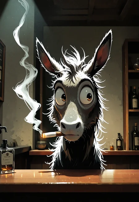 a whimsical donkey smoking a cigarette, counter, bar, indoors, dim light, smokey atmosphere, portrait, photo \(medium\), scenery, volumetric lighting, masterpiece, best quality, good quality, very awa, very aesthetic, absurdres, newest, opill