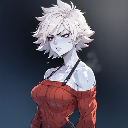 white skins, spiky red short tomboy hair, neutral expression, tight sweater, <lora:NAHIRI:1> nahiri, 1girl, solo, short hair, breasts, bare shoulders, white hair, colored skin, side boob, sweaty, underbob <lora:Amplected_3d_anime_art_style:1>, source_anime, score_9_up, score_7_up, score_8_up
