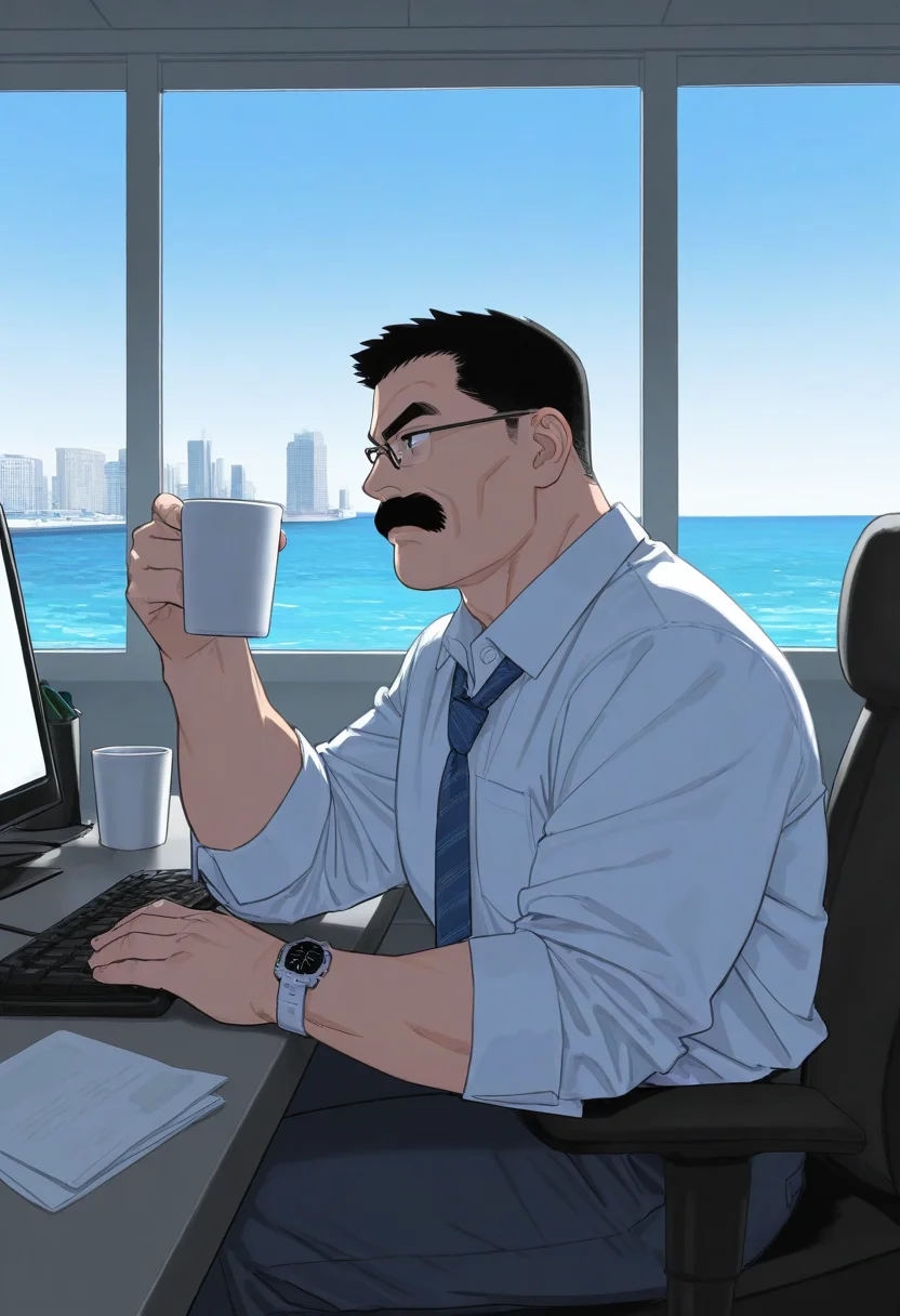 1boy, sitting, from side, serious,
BREAK
<lora:Police_commissioner_from_Hairy_Oracle_by_Gengoroh_Tagame_v0.1:1>
keijisan, mature male, thick eyebrows, thick mustache, black eyes, black hair, short hair,
BREAK
glasses, thick arms, large pectorals, watch, cup,
BREAK
indoors, office, monitor, computer keyboard, office chair, window, skyscraper, ocean, blue sky,
BREAK
best quality, masterpiece, very aesthetic, absurdres, highest detailed,