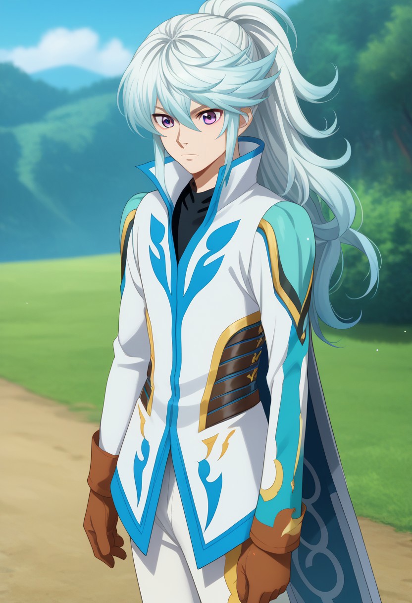 score_9, score_7_up, source_anime
mikleo, 1boy, male focus, solo, aged up, purple eyes, blue hair, long hair, ponytail, swept bangs, hair between eyes, shirt, black shirt, jacket, high collar, multicolored jacket, white and blue jacket, long sleeves, cape, blue cape, gloves, brown gloves, pants, white pants,
outdoor,