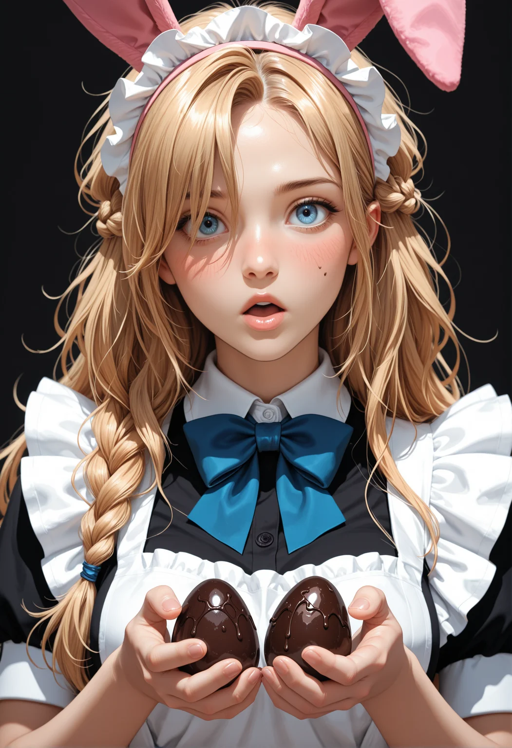 masterpiece, detailed_eyes, high_quality, best_quality, highres, subject_focus, depth_of_field,
woman, blue_eyes, blonde, brown_hair, asymmetrical_bangs, messy_hair, joy, messy_hairdo, hair_over_eyes, long_hair, french_braid, blue_eyes, blush, looking_at_viewer, :o,
bunny_ears, maid_headband, apron, bowtie, holding_eggs, chocolate_eggs, melted_chocolate,
black_background, thin_border_frame, pink, blue