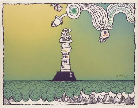 patterns,lines,shapes,expressive brushstrokes <lora:alechinsky_pony_v1:1> ' background ' by alechinsky pierre in 1897,abstract \(genre\),neo-expressionism \(style\),surrealism \(style\),  tall rugged lighthouse standing tall against the backdrop of the sea  the style of the artwork is abstract,with a focus on the shapes and patterns rather than realistic representation, score_9, score_6_up, score_7_up