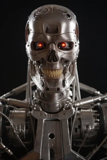 T800_Endo, Terminator robot, score_9, score_8_up, score_7_up, (source_IRL, source_movie), cinematic, realistic, masterpiece, high quality, highres RAW photo, ((close-up shot, close-up head shot, front view))
a T800_Endo Terminator Robot with red eyes, he is made of metal, he is made of shiny chrome metal, new, clean, <lora:T800_Endo_Terminator_Pony-000010:1>
(standing)
black background
dynamic lighting, highly detailed, intricate details