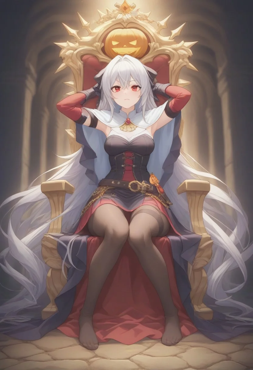 A surreal journey through a kaleidoscopic dreamscape, where vibrant paint splatters come alive, swirling around a mesmerizing golden eye that holds secrets of another dimension. (masterpiece, best quality, absurdness, 4k, aesthetic, detailed, intricate, perfect lighting) cinematic angle, 1sologirl, sitting on throne, elbow rest, castle interior, cape, BIG TWIN belt, armor, cloak, red gloves gauntlets, Orange crown, red eyes, white haired anime girl, with wavy hair, pale skin, On her face she had a pumpkin mask, orange porcelain pumpkin mask, full mask cover face, dressed in a medieval corset, with black medieval clothing, anime style. Conjure up some magic capturing the Halloween spirit. Arms behind head, strong body, showing abs. Full body female sitting in throne.
------------------------------------------------------------ Lynneburg Clays, bracers, hair ribbon, skirt, black pantyhose, white capelet