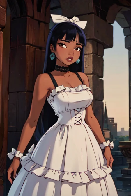chel, large breasts, wide hips, <lora:Chel:0.6>, (masterpiece:1.2, best quality:1.2, beautiful, high quality, highres:1.1, aesthetic), detailed, extremely detailed, ambient soft lighting, 4K, perfect lighting, (wearing a GothGal outfit, frills, ribbon, dress, black, lace, choker), <lora:edgGothGal_MINI:1>, library