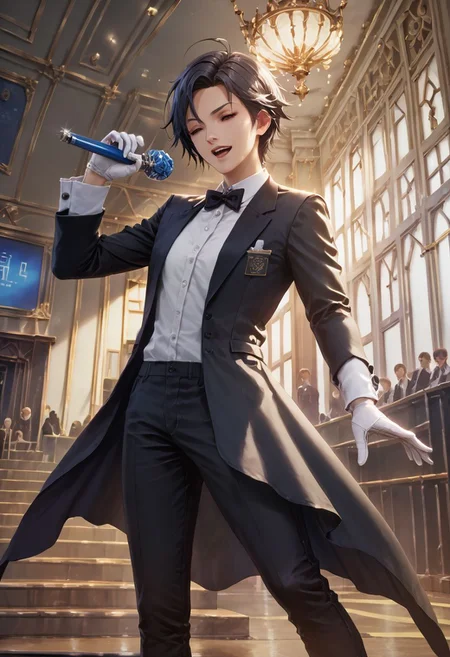 score_9,score_8_up,score_7_up,score_6_up,source_anime, <lora:Worldly_XL:1> (interior, skylight, rooflight:1.8), (concert background:1.3)
1girl, solo, full figure, standing, dynamic pose, singing, dancing, <lora:KikuchiMakoto_pony_v1:0.9> kikuchi makoto, kkcmkt, short hair, black hair, antenna hair, hair between eyes, black eyes, flat chest, small breasts, (long legs:1.2), (tuxedo, long trousers, black shoes, delicate strappy heels:2), white gloves <lora:StS_detail_slider_v1:1>
zPDXL, zPDXL-neg