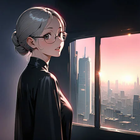(graphic novel style, dark novel style:1.5),(anime), (masterpiece:1.4), (soft cinematic light:1.1), incredibly lifelike, Extremely high-resolution details, 8k, best quality,extremely detailed, contrast,
high tech design,
 gallery of contemporary art, inside, portrait old woman against the backdrop of a giant floor-to-ceiling window, through which one can see a city landscape with skyscrapers and a sunset , open mouth, one portrait ((elderly)) woman in a ((black long dress)) and black high-heeled shoes, elderly, old woman, [Nordic], Hourglass elongated body, Oval Face, Long neck, Rounded shoulders, long slim thin arms, Attached Pointed ears, round forehead, (gray Updo short combed back hair), snub nose, Arched eyebrows, Monolid black Eyes, High Round Narrow cheekbones, Hollow Cheeks, Rounded Chin, Rounded Jawline, thin Lips, (black eyes), (square glasses), (Wrinkles),