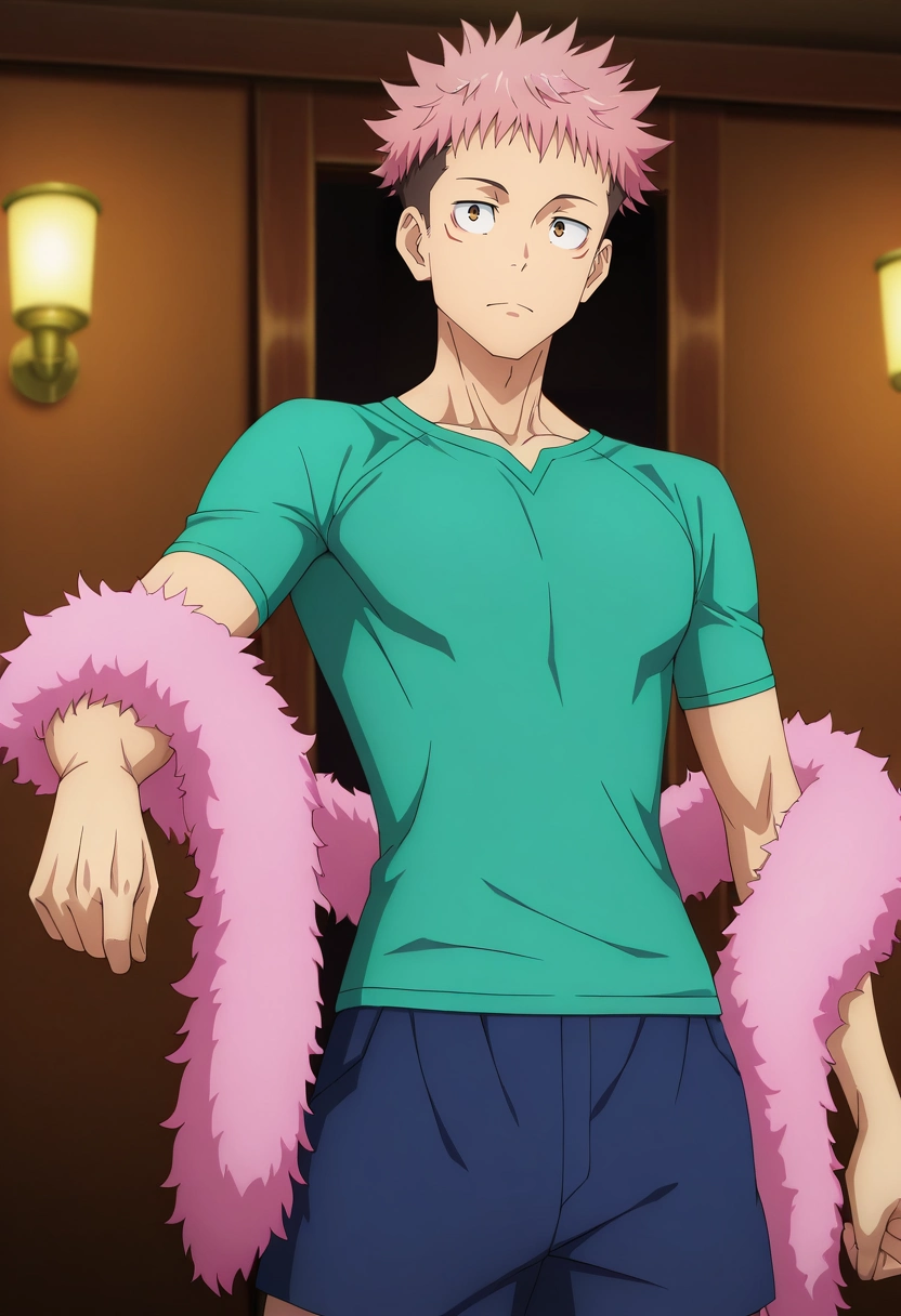 masterpiece, best quality, , anime screencap, anime coloring, official style, , 1boy, solo, male focus, <lora:yuuji_itadori_ilxl:0.94>, yuuji_itadori, pink hair, brown eyes, short hair, undercut, spiked hair, , Bermuda shorts, Thermal Henley shirt, , , Feather collar or boa