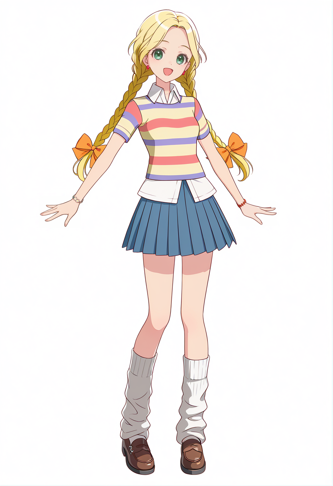 <lora:CHOCO MISTUMATA_illustrious-000048:1>,
CHOCO MISTUMATA, solo, skirt, shirt, socks, twin braids, full body, jewelry, brown footwear, white background, looking at viewer, simple background, pleated skirt, open mouth, smile, blue skirt, earrings, shoes, white socks, standing, bow, loose socks, short sleeves, striped shirt, striped clothes, :d, collared shirt, orange bow, hair bow, loafers, white shirt, bracelet