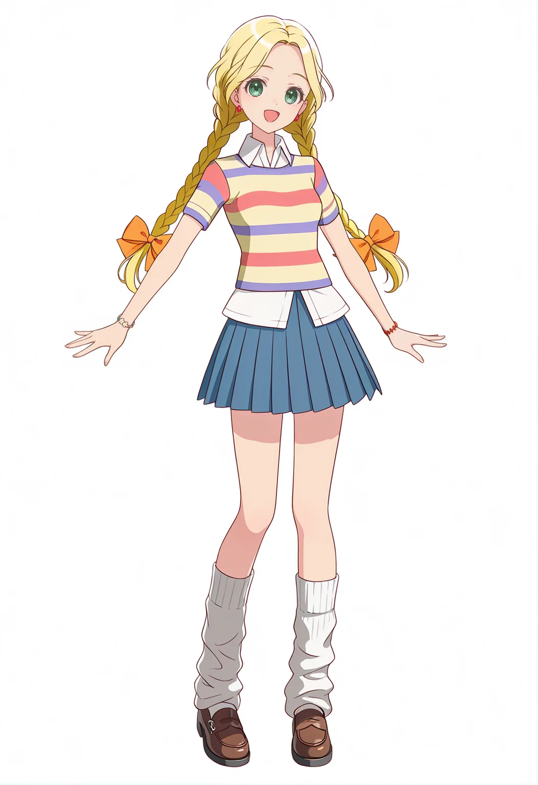 <lora:CHOCO MISTUMATA_illustrious-000048:1>,
CHOCO MISTUMATA, solo, skirt, shirt, socks, twin braids, full body, jewelry, brown footwear, white background, looking at viewer, simple background, pleated skirt, open mouth, smile, blue skirt, earrings, shoes, white socks, standing, bow, loose socks, short sleeves, striped shirt, striped clothes, :d, collared shirt, orange bow, hair bow, loafers, white shirt, bracelet