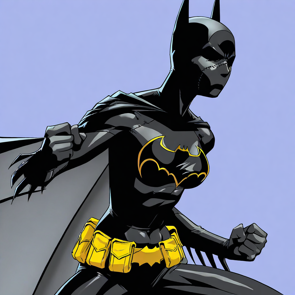 Blue background, simple background, solid color background, 2d,   1girl, solo, DC Comics, Batgirl, BlackBat, toned female, black mask, black sclera, no pupils, covered face, black bodysuit, black cape, utility belt, yellow belt, insignia, bat symbol,  Upper body, side view, action pose, floating cape, fighting stance, hands up,