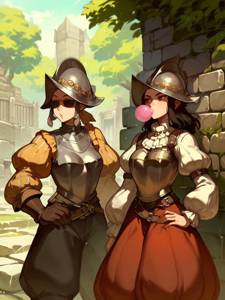 score_9,score_8_up,score_7_up,source_anime,<lora:conquistador_pony:1>,conquistador,puffy sleeves,2girls,chewing gum,stone wall,hand on own hip,