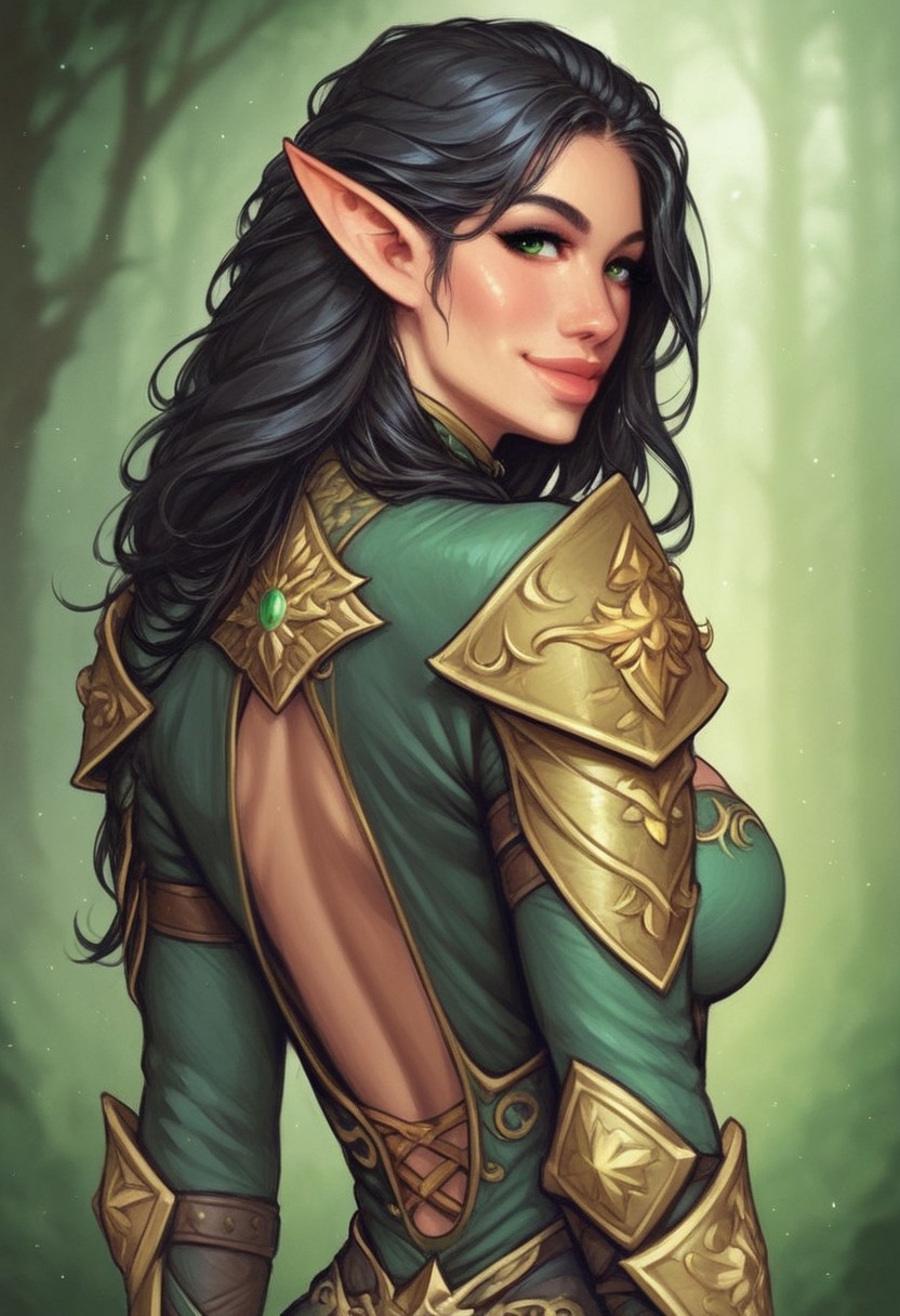 1girl, (((back view))), from front, 1girl, illustration, comic style, highly detailed, skinny, model body, looking at viewer, 1girl, masterpiece, best quality, naestra, solo, pointy ears, black hair, long hair, elf, 1girl,  green eyes, half face mask, <lora:Naestra:1.3>, (((dynamic pose)))
BREAK
(((Warhammer Fantasy Battle style)))
((Elven gold Lamellar armor)), green clothes, ((((elven sword in hand)))), dynamic pose, ready to fight
BREAK
slight smile, looking at viewer
long hair, black hair, big hair, green eyes
best quality, depth of field, bokeh, (((full clothed))), dynamic pose
BREAK 
(wild forest:1.2) score_9, score_8_up, score_7_up, score_6_up, source_cartoon, rating_explicit, Expressiveh, ((((upper body))))), dynamic pose, dynamic pose