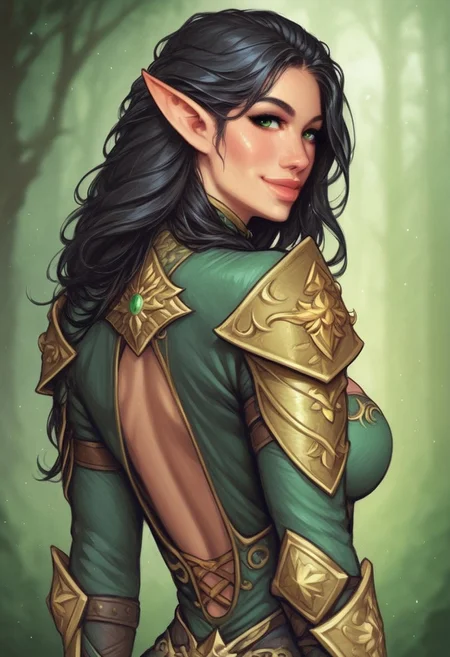 1girl, (((back view))), from front, 1girl, illustration, comic style, highly detailed, skinny, model body, looking at viewer, 1girl, masterpiece, best quality, naestra, solo, pointy ears, black hair, long hair, elf, 1girl, green eyes, half face mask, <lora:Naestra:1.3>, (((dynamic pose)))
BREAK
(((Warhammer Fantasy Battle style)))
((Elven gold Lamellar armor)), green clothes, ((((elven sword in hand)))), dynamic pose, ready to fight
BREAK
slight smile, looking at viewer
long hair, black hair, big hair, green eyes
best quality, depth of field, bokeh, (((full clothed))), dynamic pose
BREAK
(wild forest:1.2) score_9, score_8_up, score_7_up, score_6_up, source_cartoon, rating_explicit, Expressiveh, ((((upper body))))), dynamic pose, dynamic pose