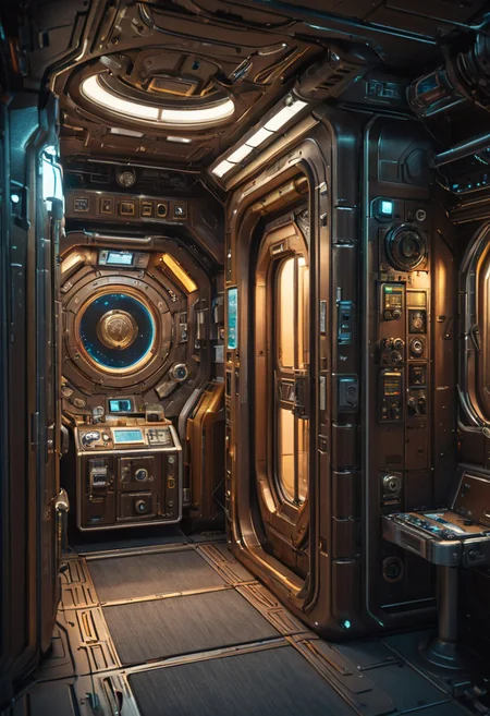 Side view of (cozy:1.1) steampunk habitat module (interior:1.1) of a space station in space, tight space, closed (door from Star Trek:1.1) on left, window on right, hyperdetailed, 8K, trending on Artstation, deep color, warm color, pastel color, dark, shadows, dim lit