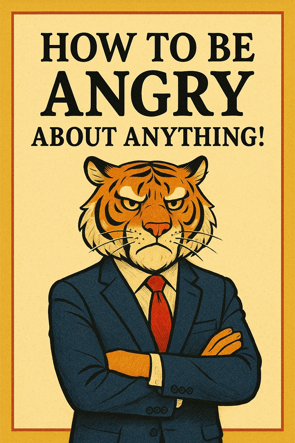 an educational book cover featuring an anthropomorphic tiger man wearing a suit with the title "How to be angry about anything!"