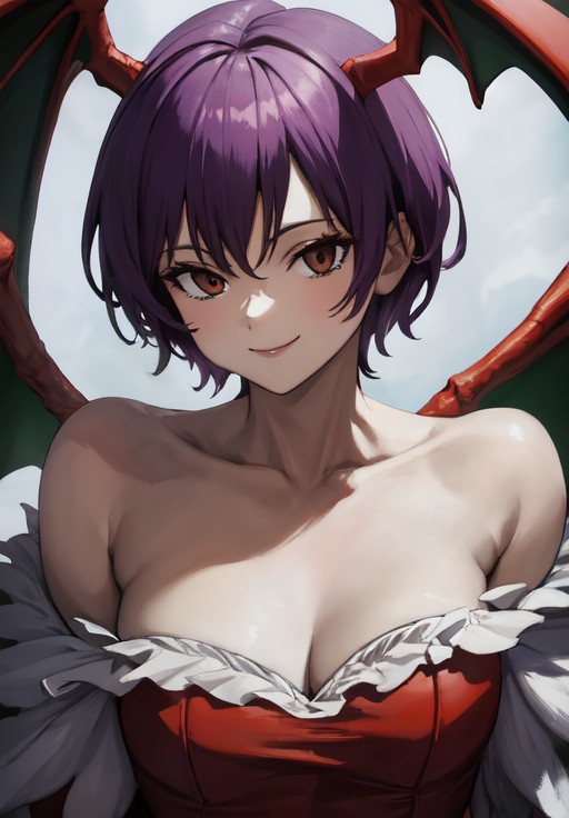 sfw, <lora:darkstalkers_lilith_nai:0.8>, darkstalkers_lilith, portrait, smile, (seductive, alluring, charming:1.3), seductive, (ultra-high res, high details, absurdres:1.3)