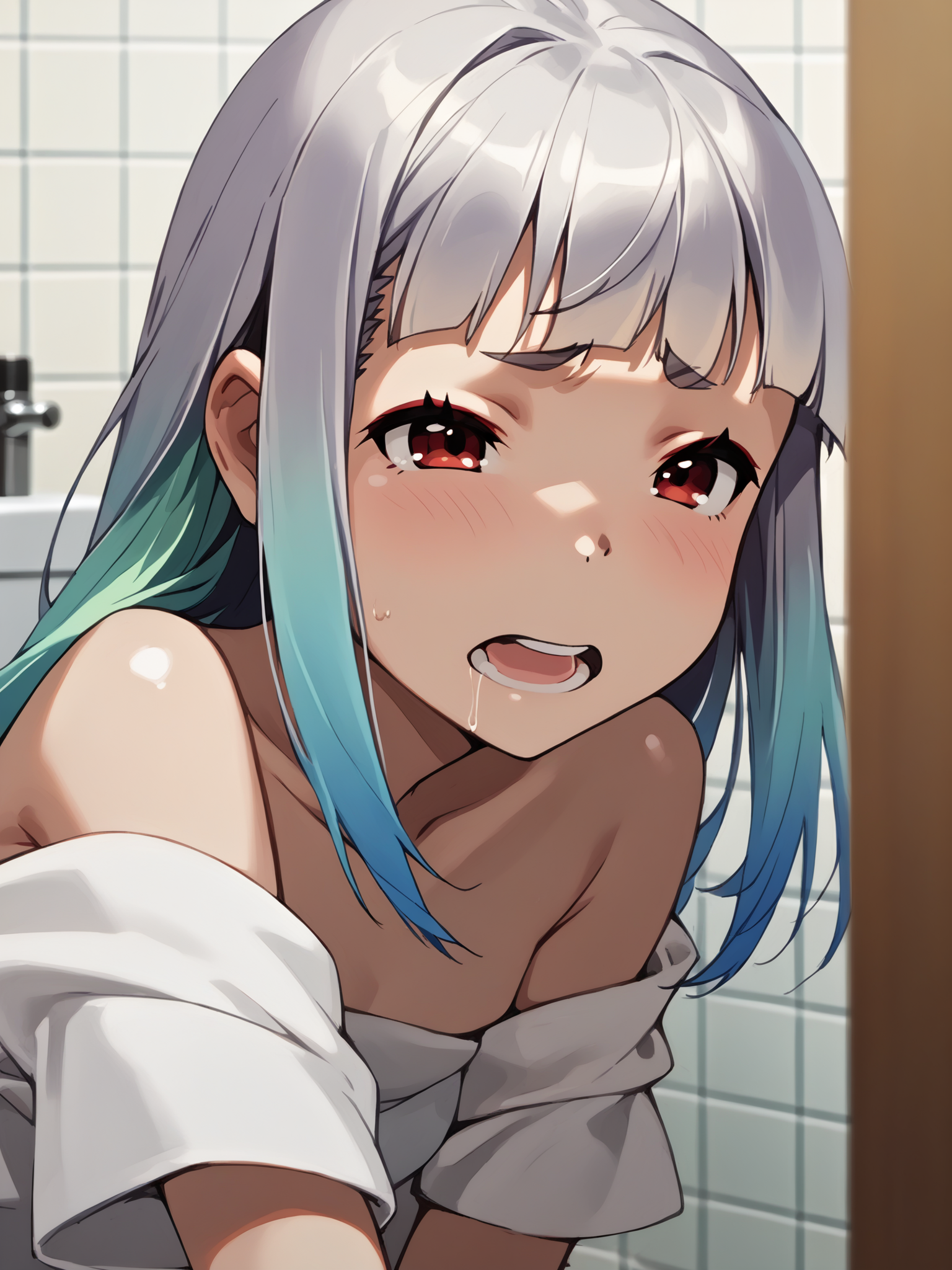 (cowboy shot, solo focus:1.2) <lora:happy_tentacle-ibaraki-v0.1-000025:1>, ht_ibaraki, (blush:0.5), red eyes, bare shoulders, collarbone, sarashi, (purple hair:0.25), long hair, (petite:1.2), <lora:Shed_The_Skin's StS_age_slider_v1_initial_release:-1> ( :1.1) (gradient hair, multicolored hair:1.4) ( , , ( :1.2) , torogao (heavy breathing:0.8) , (looking at another:1.2) :1.2) indoors, , restroom, (toilet stall:0.5), ( :0.8) score_9, score_8_up, score_7_up, score_6_up, score_5_up, score_4_up, ( [(realistic, photorealistic:1.3):(realistic:1.2):16] [(3d:1.2)::14] :1) <lora:LUUNA's Lunas-NijiJourney-SDXL-B2:0.35>, nijijourney <lora:prgfrg23's Counterfeit-V3.0 Style SDXL_LoRA_Pony Diffusion V6 XL:0.6> <lora:mfcg's mfcgXL:0.12> <lora:reweik's gyokai(himehajime)_PonyXL_style_v01:0.14>
