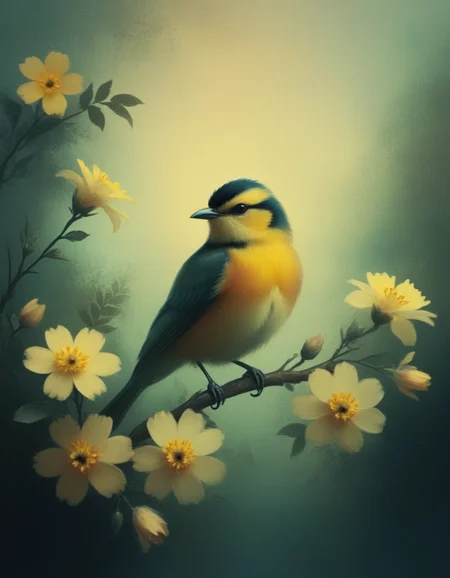novuschroma style bird on a branch with flowers <lora:107_novuschroma_1:1>