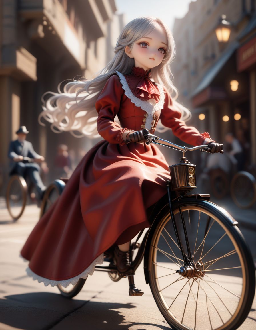 realistic detailed dolla doll face,
detailed hair, smooth hair, 1girl,  silver hair, red classic long dress, jabot,
riding on retro bike, Penny-farthing, extra  large front wheel  ,
masterpiece, best quality,
sharp focus, depth of field, ray tracing, 8k, extremely detailed, absurdres,
<lora:dolly-merge-xl_v1:1.2>