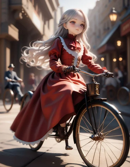 realistic detailed dolla doll face,
detailed hair, smooth hair, 1girl, silver hair, red classic long dress, jabot,
riding on retro bike, Penny-farthing, extra large front wheel ,
masterpiece, best quality,
sharp focus, depth of field, ray tracing, 8k, extremely detailed, absurdres,
<lora:dolly-merge-xl_v1:1.2>